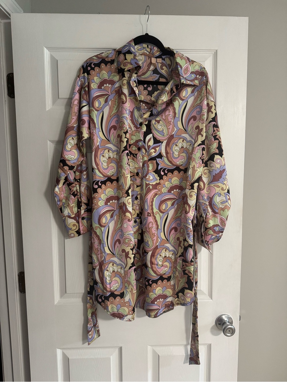 Retro Paisley Long Sleeve Tie Waist Mini Shirt Dress